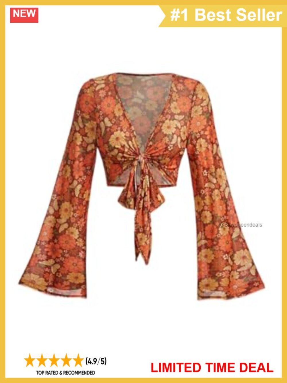 Boho 70s Tie Front Bell Sleeve Floral Mesh Sheer Crop Blouse
